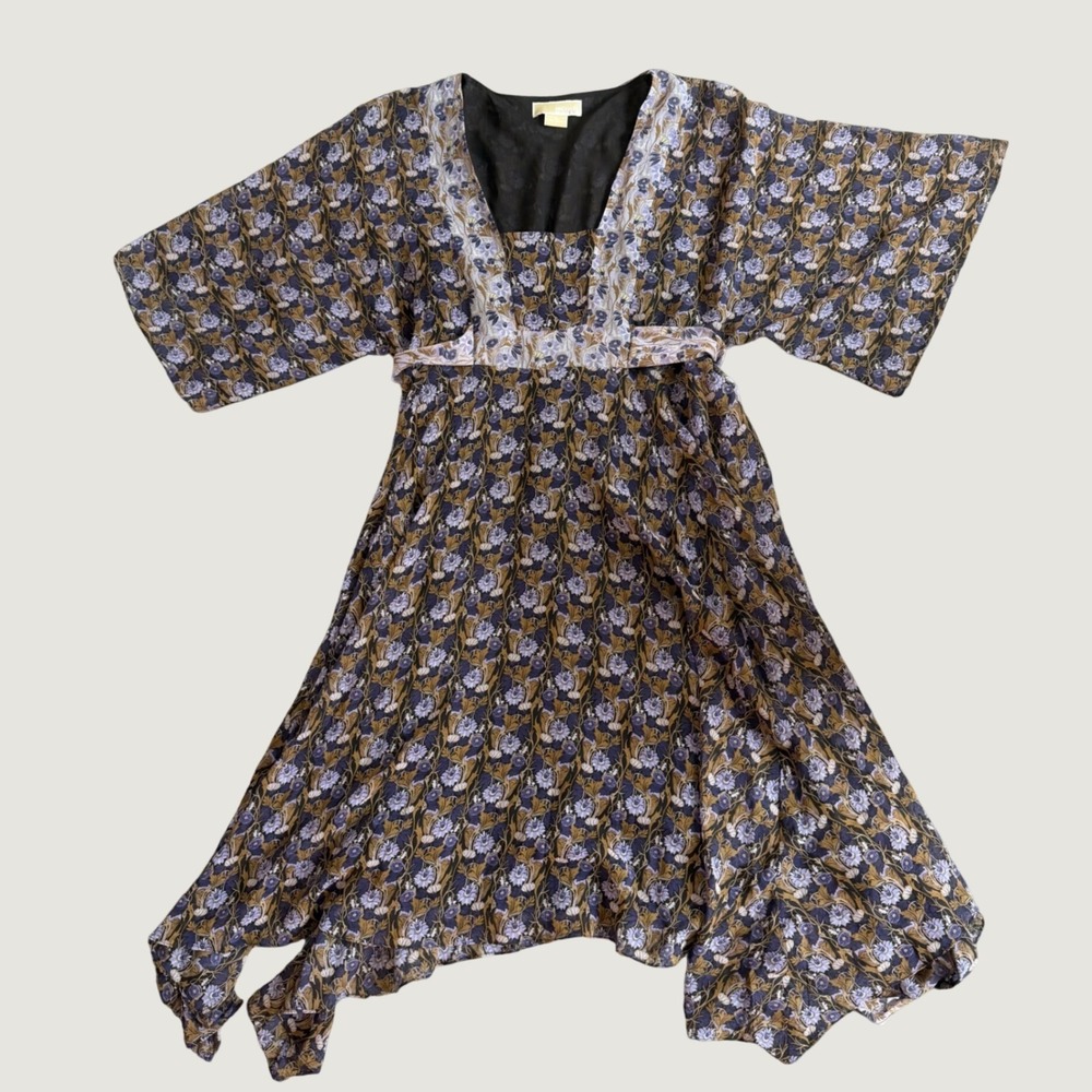 Michael Kors Silk Floral Midi Dress L Empire Waist Kimono Sleeve Purple Brown
